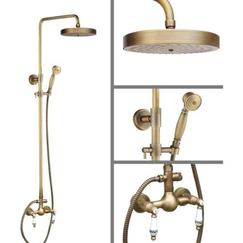 Vintage Retro Antique Brass Wall Mounted Rain Bathroom Rainfall Shower Faucet Set Double Handle Hand Spray Head Mixer Tap 2an104