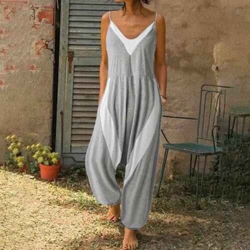 Spring Retro Patchwork Wide Leg Pants Jumpsuit Women Elegant V Neck Sexy Romper Playsuit Summer Sleeveless Pocket Beach Overalls