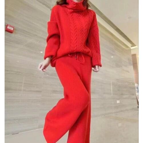 Womens Suit Fashion Women Wool Knitting Suit Casual Thickening Turtleneck Sweater And Wide Leg Pants 2 Piece Outfits For Women