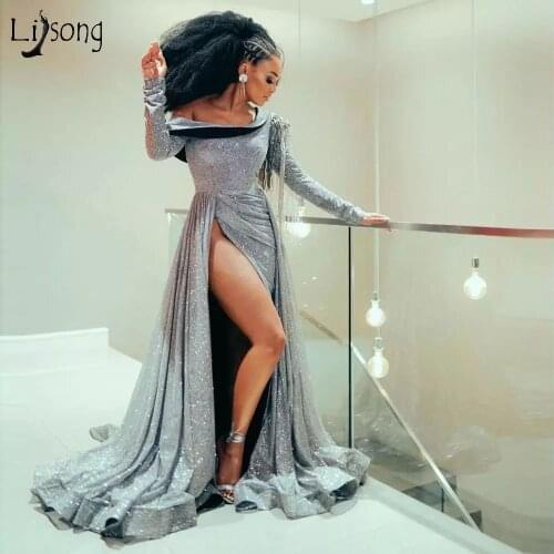 Glitter Silver Sequins Prom Dresses Long Sleeve High Split Sexy Crystals Tassels Long Women Evening Dress Plus Size Pageant Gown