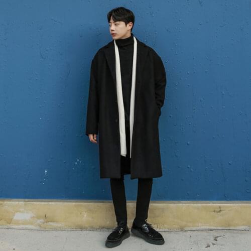 2021 Winter Woolen Coat Mens Korean Style Over-the-knee Mid-length Mens Windbreaker Loose Double-sided Thick Woolen Coat Trend