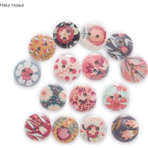 50pcs Flower Printing Richly Colorful Mix Round Wood Buttons Sewing Scrapbooking Clothing Crafts Handwork Accessories 15mm