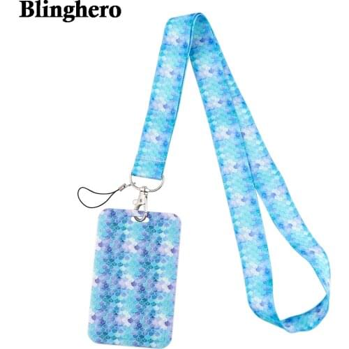 CB591 New Fashion Fish Scales Woman Blue Lanyard Card ID Badge Holder Keychain Pass Gym Mobile Children Key Holder Key Rings