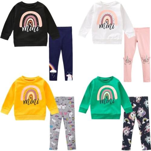 Kids Winter Clothing Set For Baby Girls Long Sleeve Rainbow Mini Print T Shirt+Unicorn Pants Children Clothes Outfits Tracksuit
