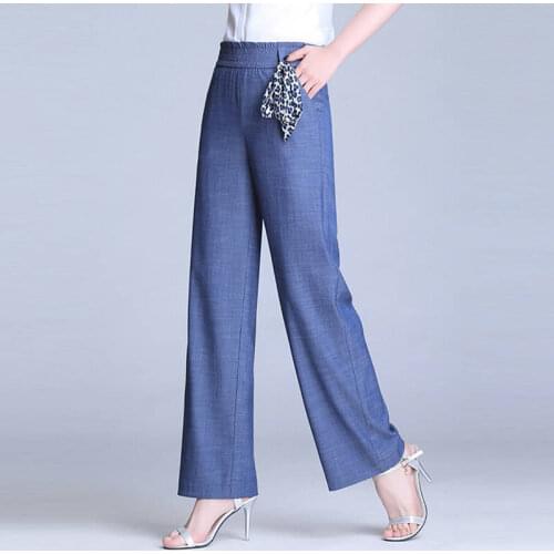 Tencel Denim Wide Leg Pants Summer Womens Thin Section Loose High Waist Was Thin Plus Size Straight Pants Trousers Female
