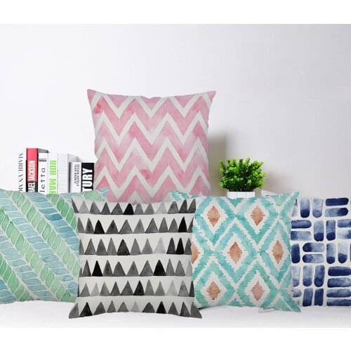 Geometric Wavy Stripe Triangles Decorative Cushion Cover Blue Flowers Sofa Throw Pillow Case 45X45cm