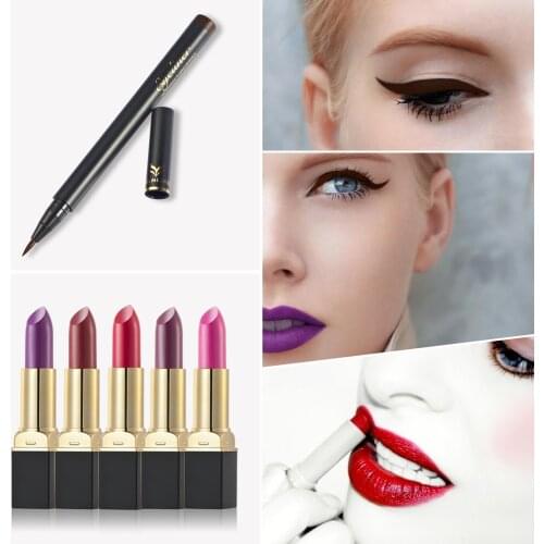 HUAMIANLI Brand Matte Velvet Lipstick & Liquid Brown EyeLiner Pencil Makeup Lip Gloss Long-Lasting Waterproof Sexy Makeup Set