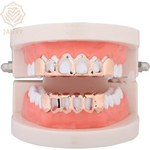 JANRY Teeth Grillz Vampire Hollow Fangs Top & Bottom Rose Gold Teeth Grills Sets For Men Women