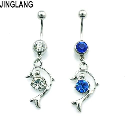 JINGLANG New Fashion Belly Button Rings Stainless Steel Barbell Dangle 2 Style Rhinestone Dolphin Navel Piercing Jewelry