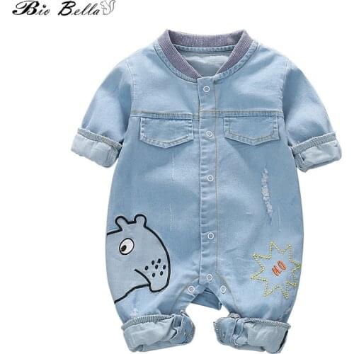 Spring Autumn Newborn Boys Cowboy Jumpsuits Clothes Long Sleeve Rompers Cute Animal Print Children Outfits