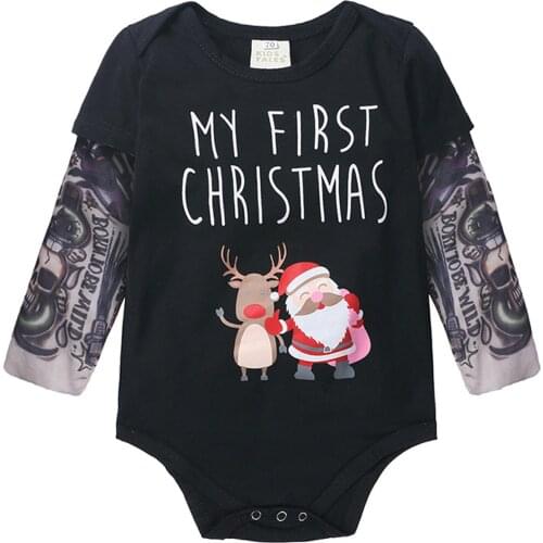 Newborn Baby Boy Girls Clothes Tattoo Printed Long Sleeve Patchwork Romper Christmas Cartoon Letter Bodysuit 6 12 18 24 Months