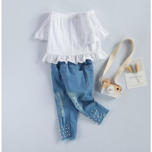 1-6Y Toddler Kids Baby Girls Clothes Sets White Tops T-shirt Denim Long Pants Jeans Outfits Set