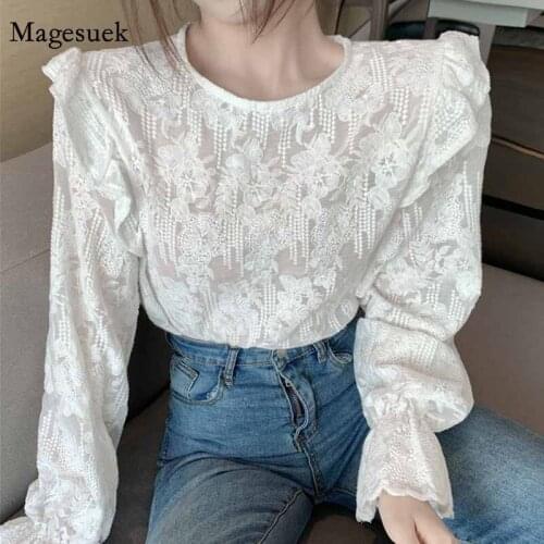 Flare Long Sleeve Lace Embroidered Loose Korean Style Sweet Blouse Women Apricot Color Womens Shirts Fashion Tops Female 11615