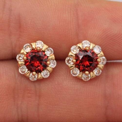 Trendy Round Gold Plated Copper Stud Earrings White Red Zirconia For Women Fashion Jewelry Accessories Wedding Anniversary Gifti