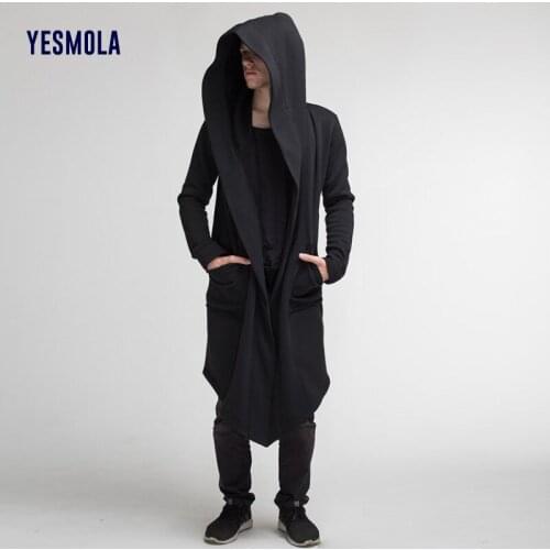 YESMOLA Mens Coat Warm Long Cardigan Cloak Coat Hooded Sweater Hip Hop Mantle Hoodies 2021 Autumn Winter Solid Sweatshirts