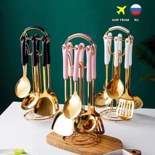 6/7PC Cookware Kitchenware Set Nordic Style Luxury Stainless Steel Ceramic Handle Cooking Utensils kitchen Tools Accessories