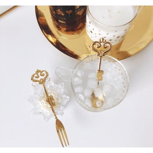 CuteLife Nordic Key Golden Stainless Steel Fork Spoon Set Vintage Wedding Dessert Fork Spoon Kitchen Gadget Fork Spoon Tableware