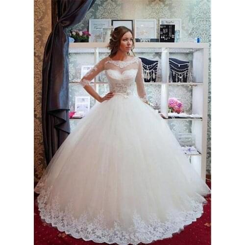 New Sheer Neck Ball Gown Wedding Dress With Lace Appliques Half Sleeves Wedding Dresses Sweep Train Lace-up Bridal Gowns