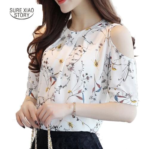 New Chiffon Print Blusas Floral Shirt For Womens Elegant Open Shoulder Blouses Women Ete Plus Size Female Tops Clothing 825C 30