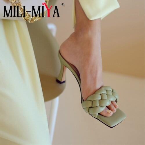 MILI-MIYA New Sexy Women Sandals Slip-On Thin Heels Square Toe Solid Color Dress Party Summer Street Fashion Shoes Size 34-39