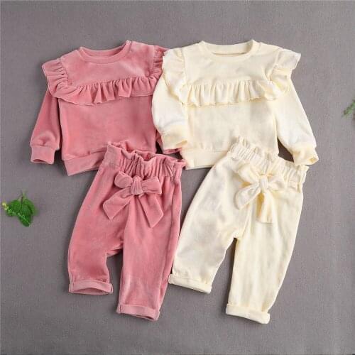 Autumn Winter Newborn Baby Girls Clothes Sets Solid Velvet Ruffles Long Sleeve Sweatshirts Tops+Bowknot Pants Warm Outfits