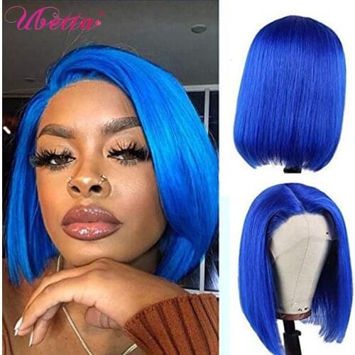 13x4 Short Bob Lace Front Wigs Human Hair For Women Bleached Knots Full End Brazilian Glueless Ombre Lace Wig Colored Blue 8Inch