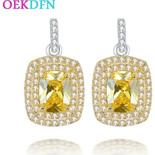 OEKDFN 100% 925 Sterling Silver Drop Earrings Citrine Diamonds Gemstone Dangle Hook Ear Studs Wedding Engagement Earrings
