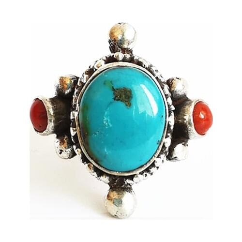 Tibetan Jewelry Nepal Hand 925 Sterling Silver Inlaid Natural Turquoises Adjustable Rings for Man Woman Vintage Jewelry T9070