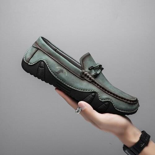 Summer Mens Casual Leather Shoes Daily Walks Round Toe Flat Heeled Male Shoes Cowhide Breathable Shallow Mouth Overshoes