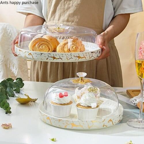 Creative Gold-plated Marbled Ceramic Cake Pan Bread Snack Display Tray with Glass Cover Home Kitchen Storage Tool Decoration New