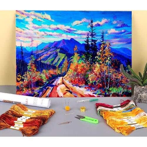 Landscape Autumn Day Printed Fabric 11CT Cross-Stitch Embroidery Full Kit DMC Threads Handmade Needlework Painting Gift