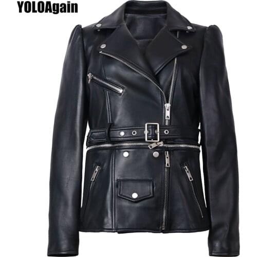 YOLOAgain Spring Women Zipper Real Sheepskin Genuine Leather Jacket Detachable