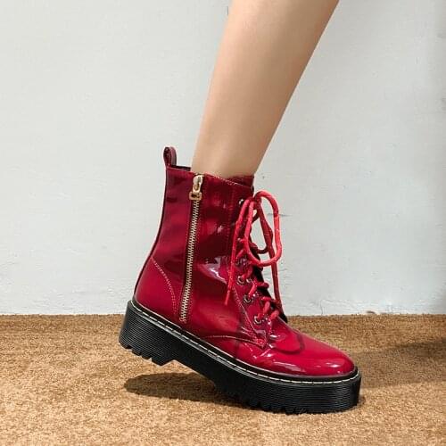 YQBTDL Winter Chunky Heel Platform Street Woman Shoes Lace Up Combat Biker Ankle Boots for Women Pu Patent Leather Red Yellow