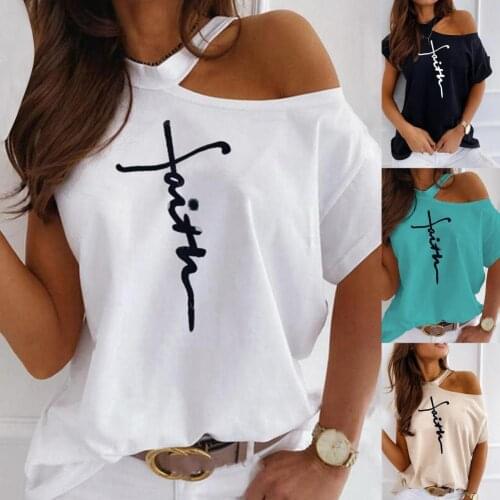 Off Shoulder Womens T Shirt Letter Printing Oversized Short Sleeve Loose Women Clothing Sexy Halter Neck T-Shirt ropa mujer
