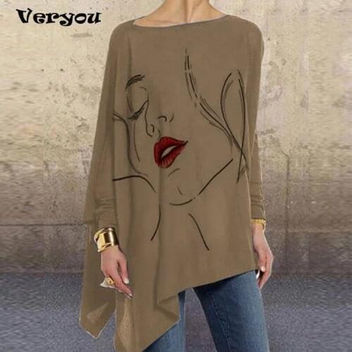 2021 Women Shirts Print Vintage Autumn Women T Shirts Long Sleeve O-Neck Irregular Hem Casual Woman Tunic Oversize Shirts Tops