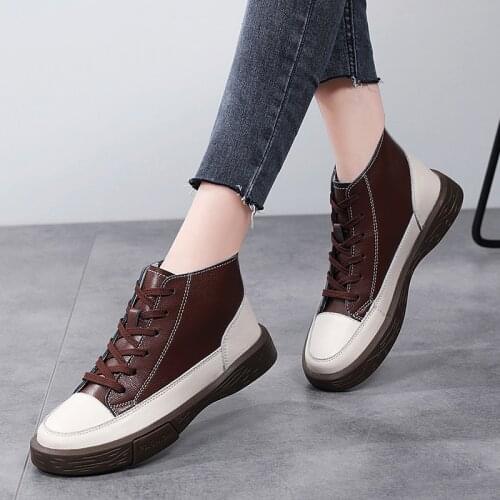 Women Martin Boots Casual Shoes 2021 Autumn Winter Trend New Lace-up Color Matching Leather Classic High-top Female Martin Boots