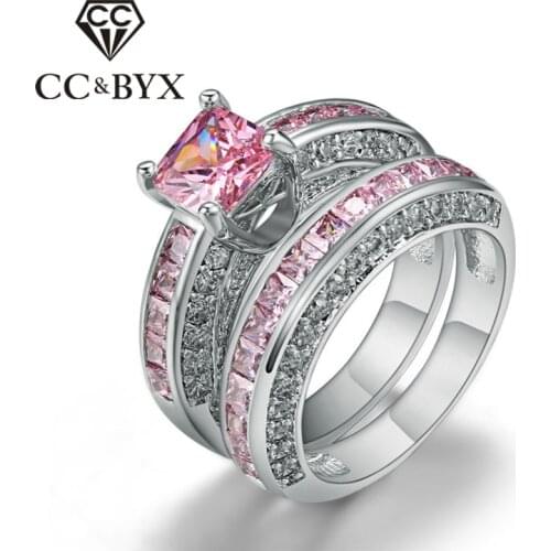 CC Charms Bridal Wedding Jewelry Rings For Women Vintage Engagement Ring White Gold-Color Pink Stone Anillos Bijoux Femme CC1234