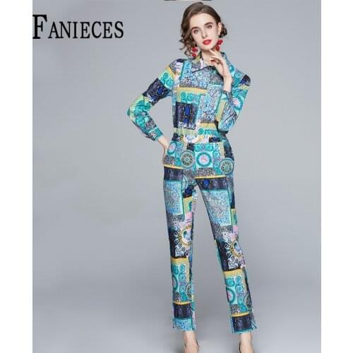 2021 Spring Autumn Fashion Office Lady Runway Pants Suit Sets Womens Long Sleeve Print Blouses and Casual Pants Two Pieces Set