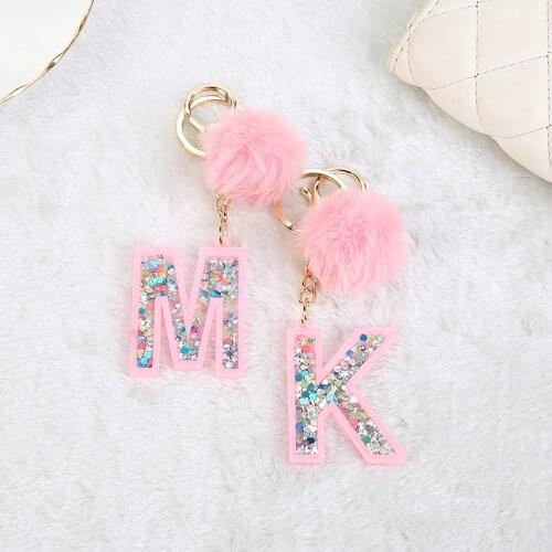 1PC Women Keychains 26 Glitter Hollowed-out Words Handbag English Letter Keyring with Puffer Ball Charms