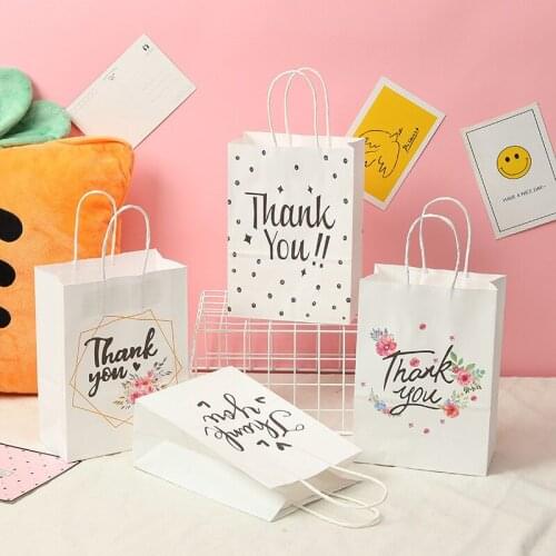 12 Pcs /Lot White Thank You Paper Packaging Bag Dragee Paper Gift Box with Handle Flower Wrapping Bags Wedding Birthday Party