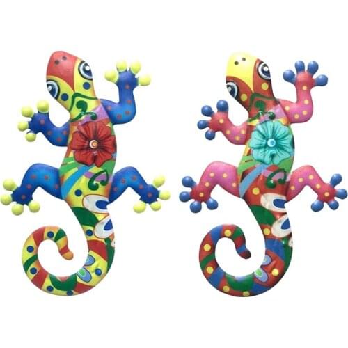 2Pcs Metal Gecko Decor Wall Sculptures Ornaments Garden Art For Patio Porch Fence Backyard Outdoor Hanging Decoration
