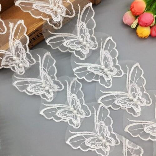 2 Yd Butterfly Pearl Lace Trim Embroidered Trimmings Ribbon Wedding Dress Veil 2-Layer Childrens Clothing Applique Sewing Craft
