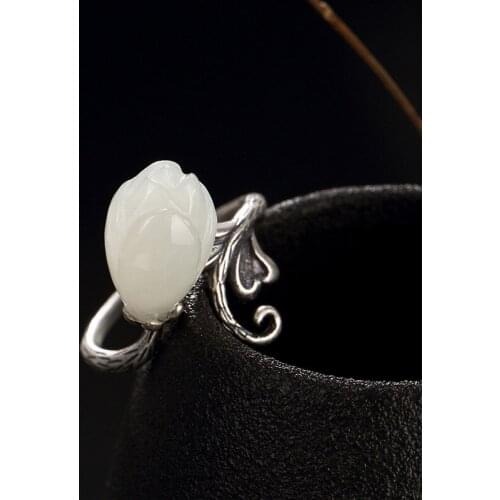 2018 Time-limited Anel Feminino S925 Pure Natural Hetian Jade, Magnolia Flower, Antique, High-grade Open Female Ring Wholesale