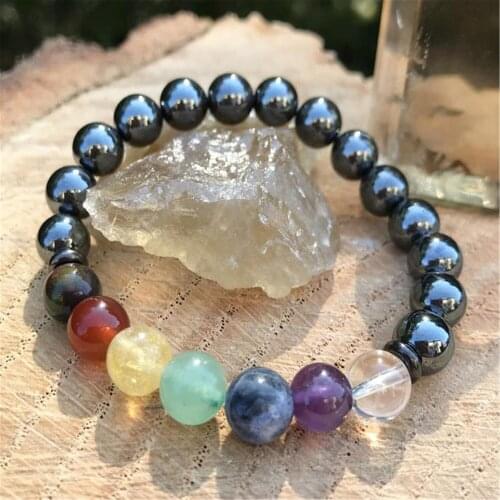 6-8mm Natural Hematite Seven Chakras Handmade Mala Bracelet Wrist Unisex Lucky Meditation