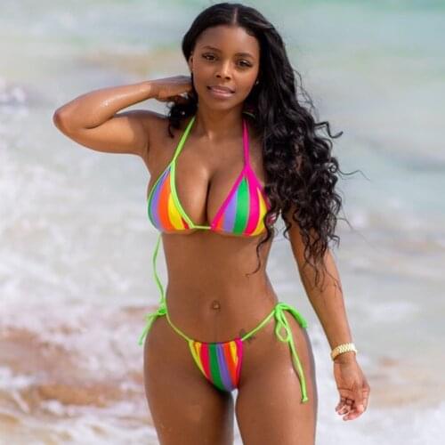 Halter Bikini 2021 Sexy Swimwear Women Swimsuit Female Colorful Striped Print Bikini Set Bather Bathing Suits Summer Beach Wear