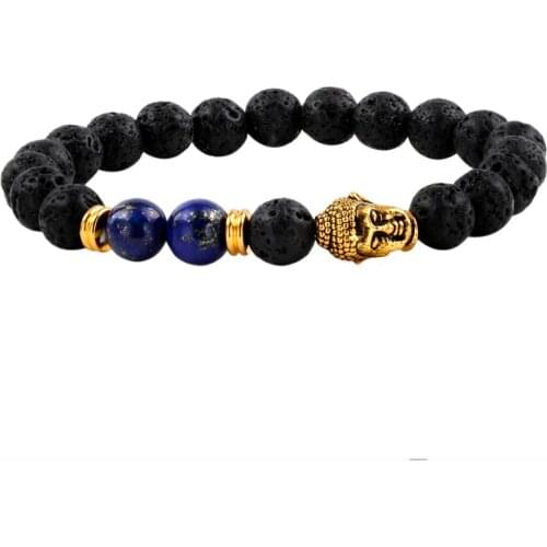 SUNYIK Black Lava Rock Lapis Lazuli Bracelet,Alloy Buddha Prayer Beaded 8mm