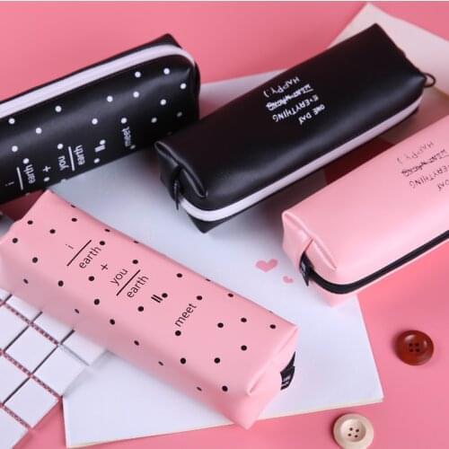 Black White Dot Pencil Case Cute Pink Bag For Teenagers Girls Women Pu Leather Pen Box Stationery Pouch School Supplies kawaii