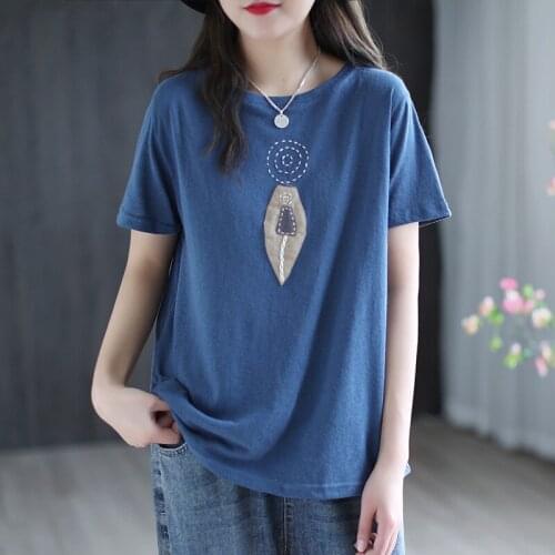 Summer Embroidery T-shirt Retro Women Loose Casual Pullovers Tops Womens New O-Neck Short Sleeved Patchwork Tee Shirt Femme