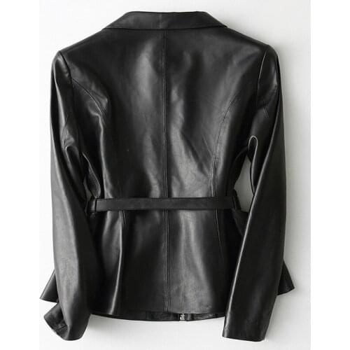 2020 Fashion Brand Genuine Leather Jacket Women Elegant Streetwear Casual Black Slim Sheepskin Coat with Belt 29103LW372
