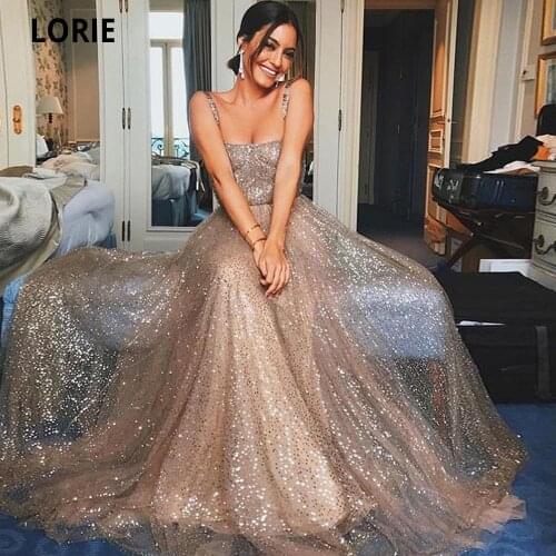 LORIE Sparkly Gold Sequin Prom Dresses Sweetheart A-line Spaghetti Strap Long Evening Party Gown Princess Dress Plus Size